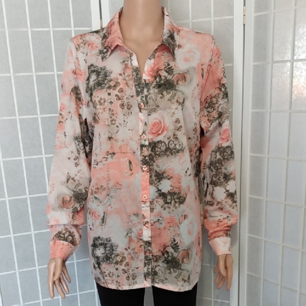 Paola Women's‎ Peach Floral Semi Sheer Button-Down Shirt Size 8 Open Collar